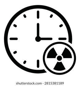 Black icon showing atomic radiation symbol overlapping an analog clock face. Represents radioactive half-life, time measurement in nuclear physics, or dangerous material expiration.