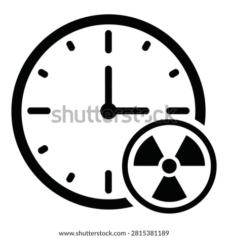 Black icon showing atomic radiation symbol overlapping an analog clock face. Represents radioactive half-life, time measurement in nuclear physics, or dangerous material expiration.