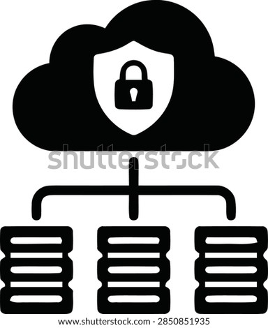 A black icon showing a cloud with a shield and padlock, connected to server racks, representing secure cloud computing and data storage.