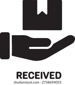 A black icon showing a hand receiving a package with the word RECEIVED, symbolizing successful delivery, order fulfillment, and confirmation.