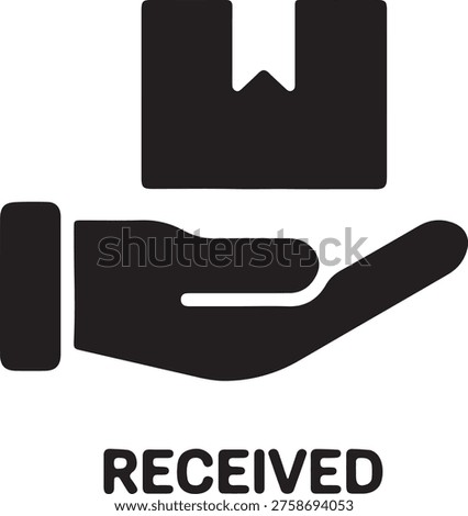 A black icon showing a hand receiving a package with the word RECEIVED, symbolizing successful delivery, order fulfillment, and confirmation.