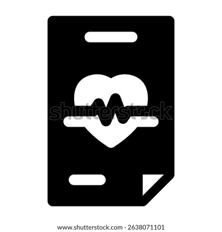 Black icon showing heart symbol with cardiogram on a document suggests health monitoring Ideal for medical themed projects