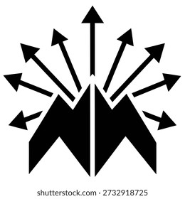 Schwarzes Symbol mit mehreren Pfeilen, die von einem zentralen Punkt nach außen abstrahlen und Diversifizierung, Erweiterung oder mehrere Richtungen symbolisieren.