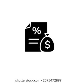 Black icon showing a paper with percentage sign and a money bag for financial topics like interest.