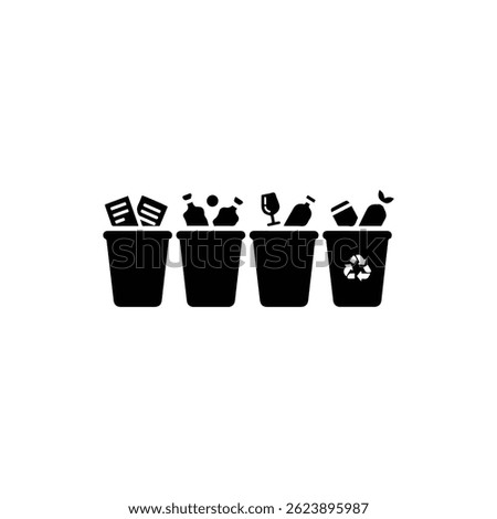 Black Icon Showing Trash Classification with Four Separate Bins in Line for Recycling