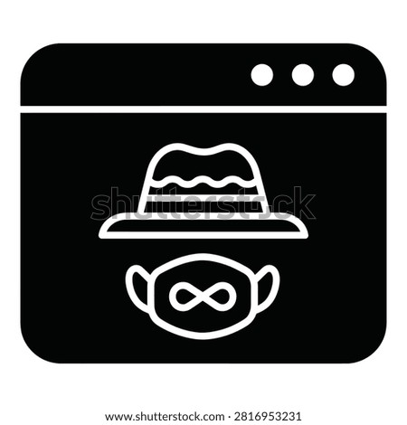 Black icon showing a web browser window with a white outline of a hacker wearing a fedora and mask. Symbolizes cybercrime, anonymity, and internet security threats.