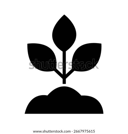 Black icon shows plant sprouting with three leaves from a mound of soil on white background, signifying growth, agriculture, and ecology.