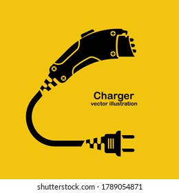 Black icon silhouette electric car charger isolated on yellow background. Eco fuel. Vector design. Electric refueling. Concept of reducing emissions of gases. Connector for charging. Plug and socket