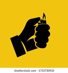 Black icon, silhouette hand holding lighter. Vector illustration flat design. Isolated on yellow background. Fire from a lighter. Cartoon style.