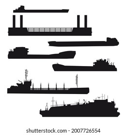 Black icon silhouettes of barges isolated on a white background. Sea and river freight transport