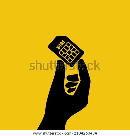 Black icon sim card in hand. Human holding sim card. Vector illustration flat design. Isolated on background. Mobile element.