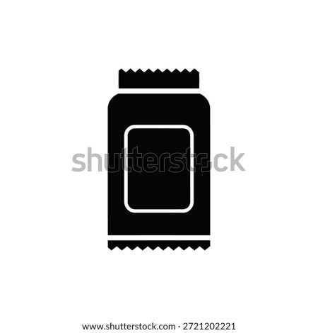 Black icon of a small sachet packet with a serrated top and bottom edge on a white background.