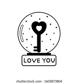 Black icon of snow globe, ball of love with many little hearts, key and text love you. Vector illustration for valentines day, wedding design and other.
