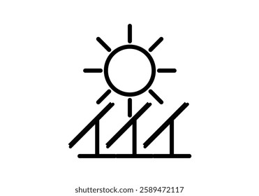 Black icon of solar panel fields with sun