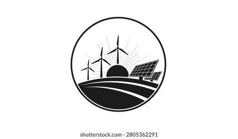 Black icon of solar panel wind turbines