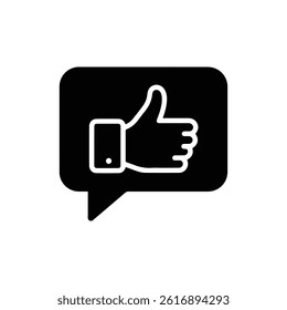 Black Icon of Speech Bubble with Thumbs Up Representing Approval or Agreement