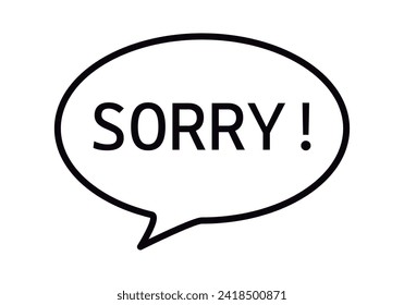 Black icon of a speech bubble with the word sorry.