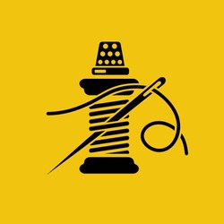 Black Icon Spool Of Thread With A Needle. Pictogram Tailor. Vector Illustration Flat Design. Isolated On Yellow Background. Cartoon Style.