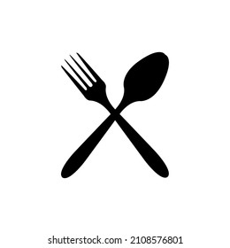 Black icon of spoon and fork isolated on white background. vector logo
