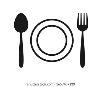 Black icon of spoon, plate, fork. Kitchen utensil. Vector illustration in flat style isolated on white background. 