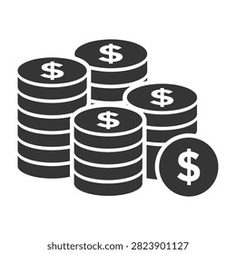 Black icon of stacked dollar coins representing financial growth, capital, and savings. Ideal for business, banking, and wealth management concepts.
