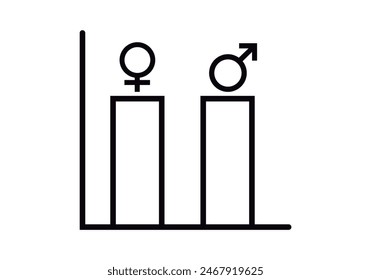 Black icon of statistical bar graph with man and woman icon representing equality.