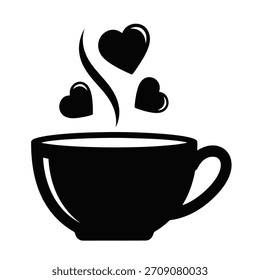 Black icon of a steaming cup with hearts above it.