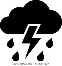 Black icon of a storm cloud, lightning bolt, rain drops, bad weather, severe weather forecast, natural phenomenon, climate change.
