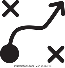 A black icon of a strategic plan. It shows a circle connecting to an arrow via a curved line, surrounded by two "X" marks.