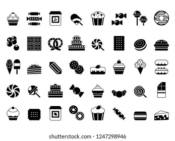 Black icon of sweets. Candies chocolate biscuits pie ice cream and pancakes monochrome vector silhouettes