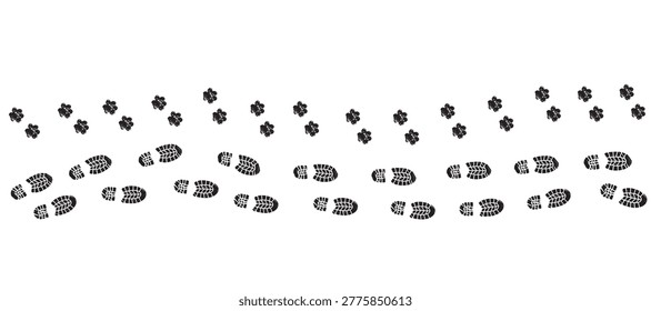 Black icon symbol vector illustration of men's boots footprint next to dog footprints on panoramic background, celebrating dog as human best friend