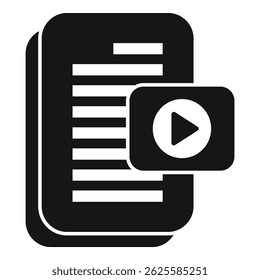 Black icon symbolizing elearning with text document and play button for video courses