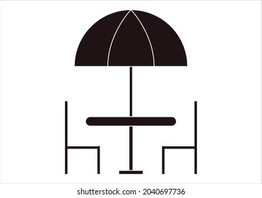 Black icon of table, chairs and umbrella for a bar.