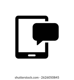 Icono negro de una tableta con una burbuja de chat de voz