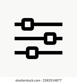 Black icon of three horizontal sliders on a white background. Each slider has a square handle. Simple design, sliders represent adjustment and control. Computer icon vector.