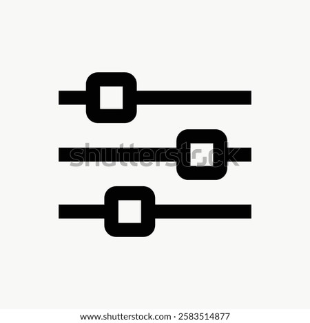 Black icon of three horizontal sliders on a white background. Each slider has a square handle. Simple design, sliders represent adjustment and control. Computer icon vector.