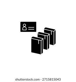 Icono negro de tres cajas apiladas con un símbolo de tarjeta de identificación de usuario, que representa el inventario, los pedidos y la gestión de envíos.
