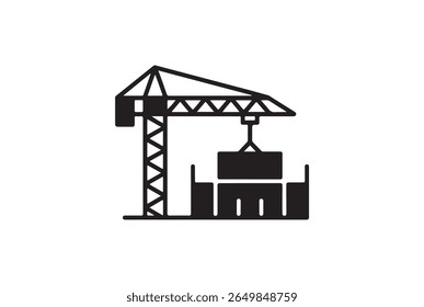 Um ícone preto de um guindaste de torre levantando um bloco pesado contra um fundo branco limpo. Este gráfico representa a construção, máquinas pesadas e operações de logística.