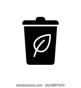 Black Icon of Trash Bin with Leaf Inside Representing Compost and Eco Waste