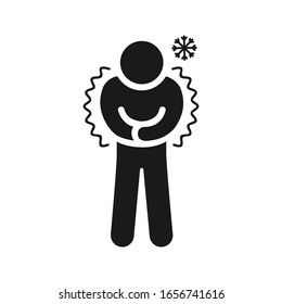 Black Icon Of Trembling Human Body. Chills Is Symptom Of The Disease. Vector Illustration In Flat Style Is Isolated On White Background.