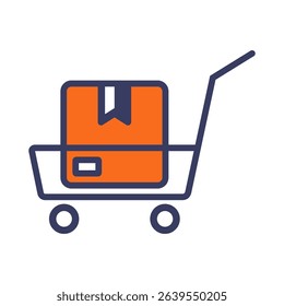 Black icon trolley transporting cardboard box. flat illustration.