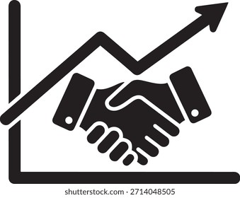 Icono negro de dos manos temblando superpuesto en una línea de gráfico ascendente contra un fondo blanco.