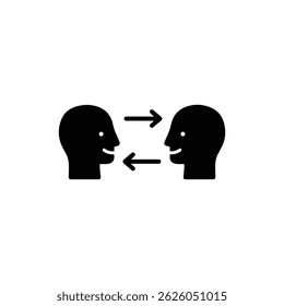 Black icon of two heads with arrows between them symbolizing conversation