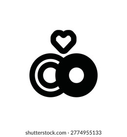 Black icon of two interlocking wedding rings with heart above. Simple vector symbol representing marriage, love, commitment, unity, and eternal bond.