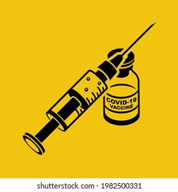 Black icon vaccination and immunization. Syringe and ampoule close-up. Makes a vaccine. Vector illustration flat design. Isolated on white background. Vaccination covid-19.