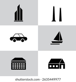 Black Icon Vector Set – Minimalist Silhouettes of Skyscraper, Monument, Factory, Car, Sailboat, and House in Grid Layout – Urban and Maritime Symbols on Light Gray Background, Modern Design