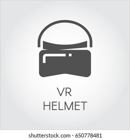Black icon VR helmet in flat style. Concept of virtual reality games. Modern digital technology, Vector illustration on light gray background. Pictogram for your design projects