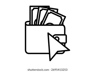 Black icon of wallet with banknotes and cursor