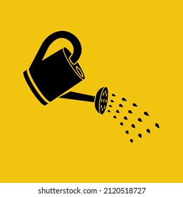 Black icon watering can. Watering sign. Vector Illustration flat design. Drops of water falling. Isolated on yellow background.