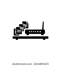 Black Icon of WiFi Router on Table with Documents